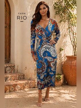 FARM Rio Blue Paisley Long-Sleeve Midi Dress with Decorative Rosette Buttons